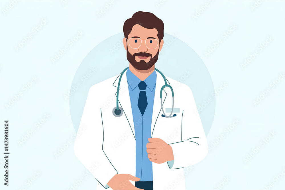 Male doctor with glasses, teal stethoscope, blue circular background. Male doctor with glasses, teal stethoscope, blue circular background.