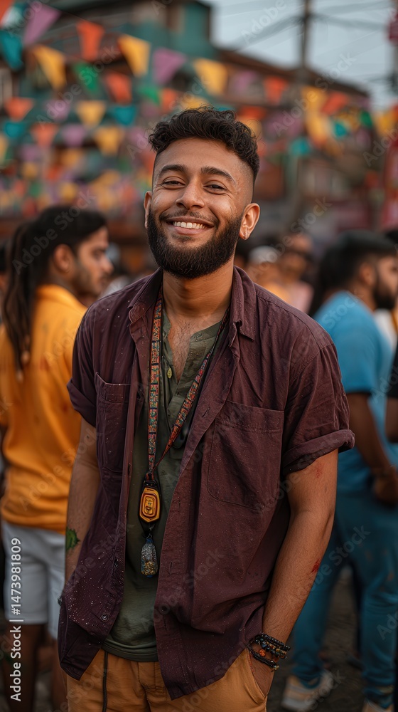 Naklejka premium Happy South Asian young man smiling at festival