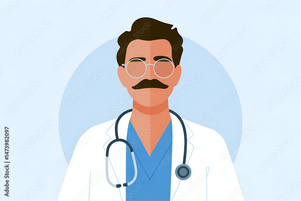 Fototapeta premium Male doctor with mustache, stethoscope, light blue circular background.
