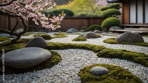 A meticulously composed image of an authentic Japanese Zen garden