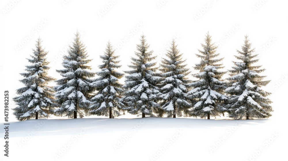 Fototapeta premium Snowy Evergreen Trees on White Background in Winter Landscape
