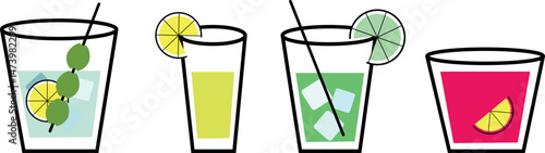 Illustration of different drinks in different glasses. Vector illustration of summer cocktails. Banner with the image of both soft and alcoholic drinks. Vector illustration eps 10