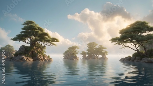 A mesmerizing surreal landscape showcasing floating islands adorned with lush