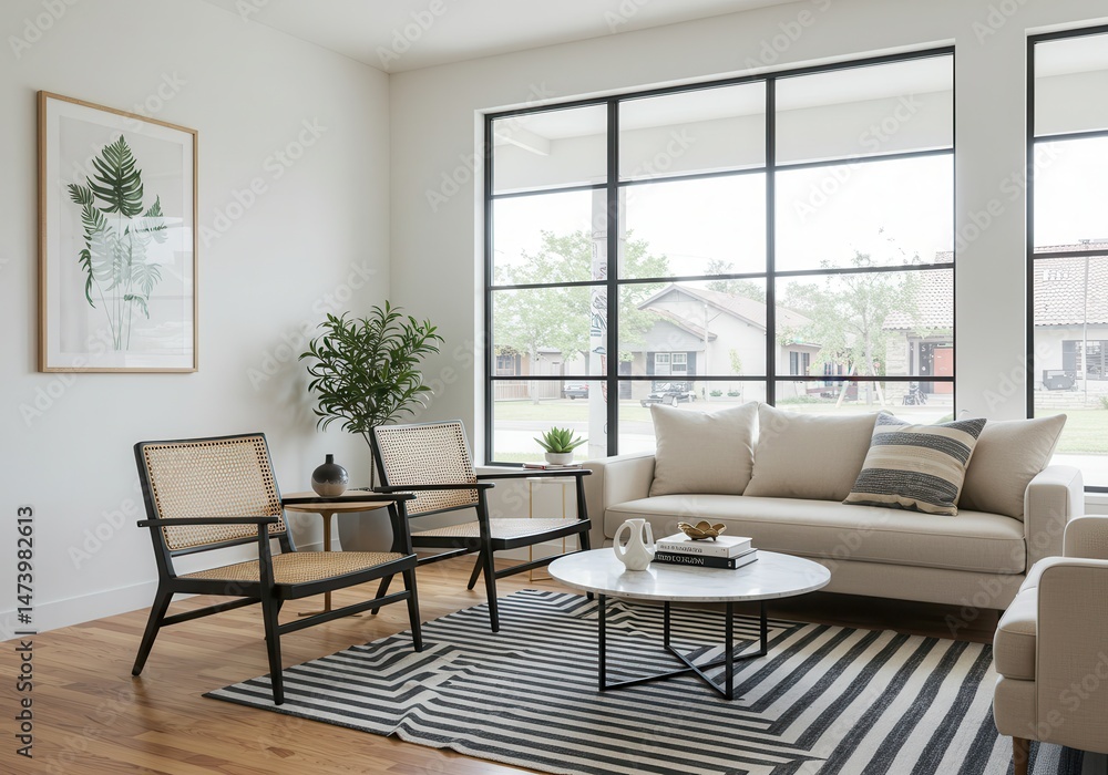 Fototapeta premium Bright living room with modern furniture and large windows overlooking neighborhood