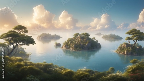 A mesmerizing surreal landscape showcasing floating islands adorned with lush