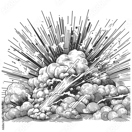 explosion illustration with smoke, rays, and dynamic motion lines in comic book engraving style sketch engraving generative ai vector illustration. Scratch board imitation. Black and white image.