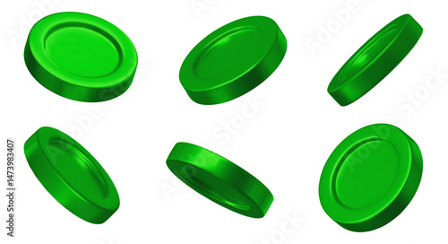 3D set green coins with different angles. Stock vector illustration on isolated background.	
