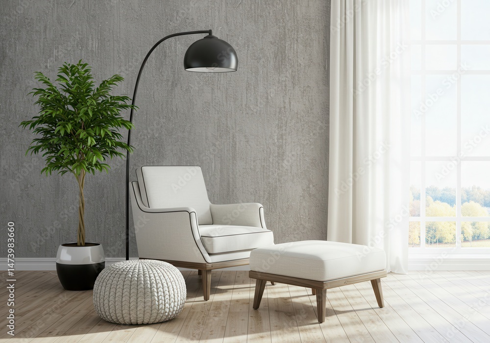 Fototapeta premium Armchair with ottoman and floor lamp in a modern living room interior