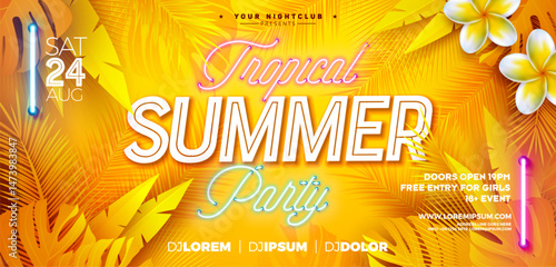 Summer Sale Design with Flower and Glowing Neon Light on Sun Yellow Tropic Leaves Background. Tropical Floral Vector Illustration with Special Offer Typography for Coupon, Voucher, Banner, Flyer