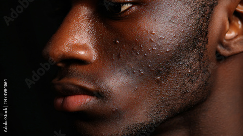 Close up of dark male skin with situation acne marks, dermatology armory photo, professional kindling