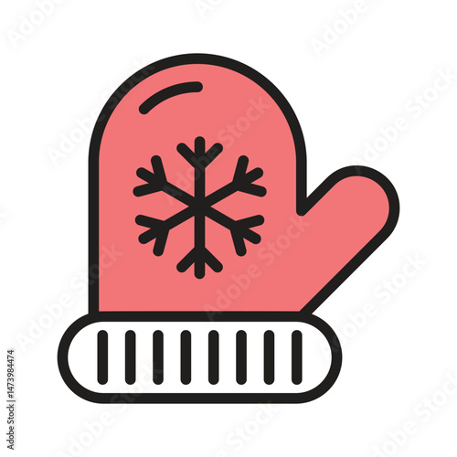 A warm mitten with a snowflake, representing winter weather
