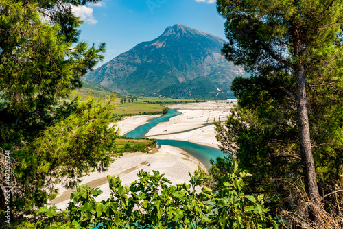 Emerald ribbon of the Vjosa River meanders through sunlit pebble bars and pine-framed limestone hills under a cerulean Albanian sky