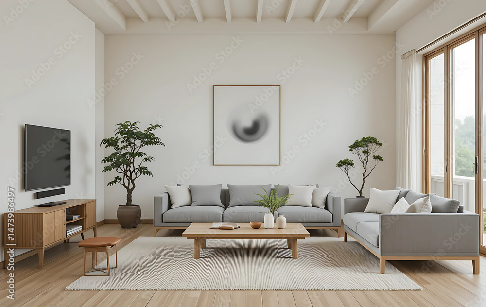 Fototapeta premium Japandi-style living room with minimal oak furniture, off-white walls, and a low-profile gray sofa. Muted tones and bonsai-style greenery bring a Zen-Scandinavian balance.