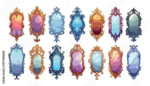 Magic mirrors cartoon vector set. Rectangular oval glass molding curls metal frame galvanic reflection accessories illustration isolated on white background