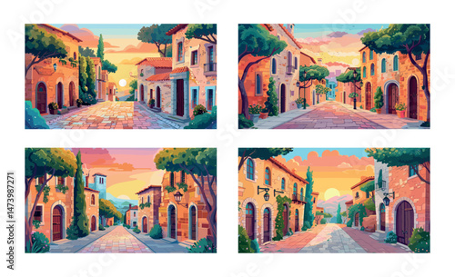 Medieval city street cartoon vector scenes. Old european bricks stones ancient houses facade wooden doors trees sunset sidewalk road buildings concepts