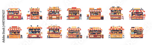Street food eatery cartoon style vector set. Restaurants french fries hot dogs hamburgers snack bar counters tents illustrations isolated on white background