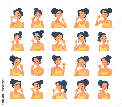 Teeth brushing girl cartoon style vector set. Oral hygiene character morning dental care concepts isolated on white background