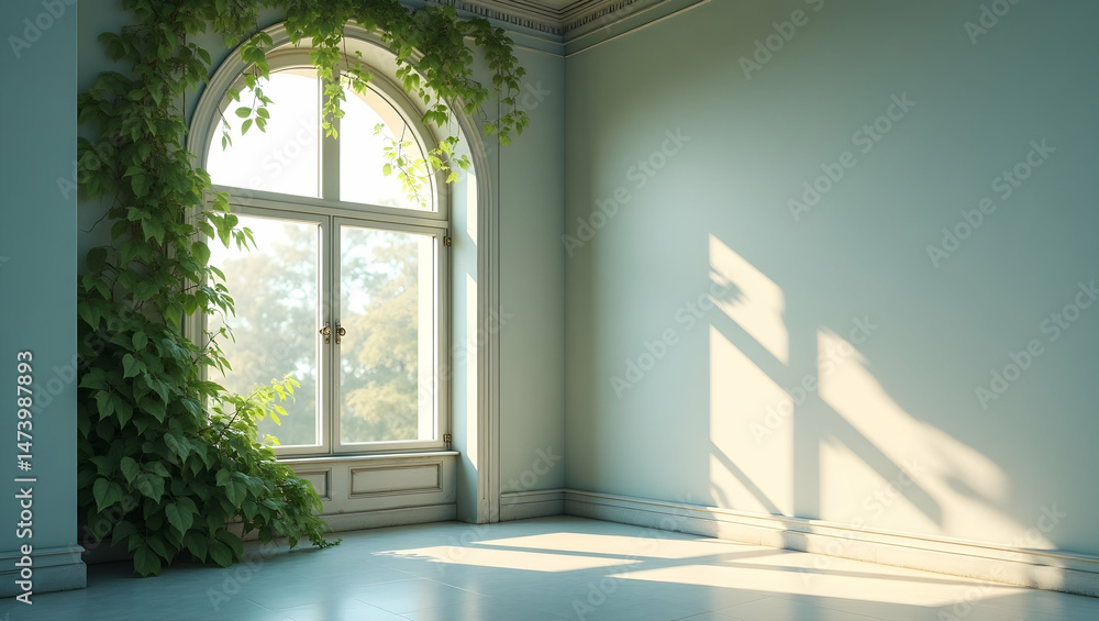 Fototapeta premium Serene dusty periwinkle corner cyclorama bathed in gentle sunlight illuminating delicate green ivy, creating a tranquil and inviting indoor sanctuary ambience