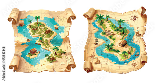Treasure map cartoon vector set. Old parchment pirate adventure island sea route direction path ships palm trees chest wealth robber cache illustration isolated on white background