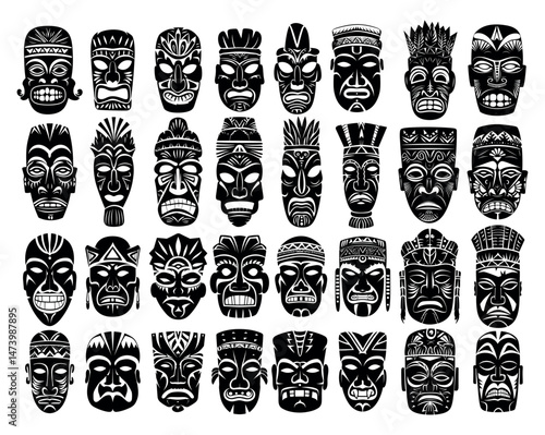 Tribal masks monochrome vector set. Totem face hiding concealment idols gods demons hawaiian polynesian ethnic idol cult frightening mysterious african accessory icons, illustrations isolated on white