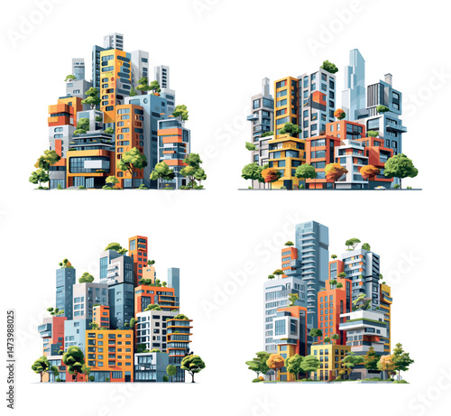 Urban cityscapes cartoon vector set. Tiered modern panoramical horizons multi storey skyline building group architecture illustrations isolated on white background