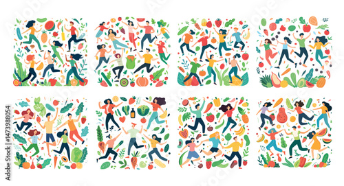 Vegan happy people patterns simple cartoon vector concepts. Men women jumping flying dynamic pose characters, vegetables fruits elements illustration isolated on white background