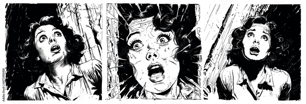 Woman maniac fleeing ink sketch vector scenes. Actions fear horror tears scream close up face anxiety alarm character plot frame comic book old retro scary movie concepts, vintage illustration