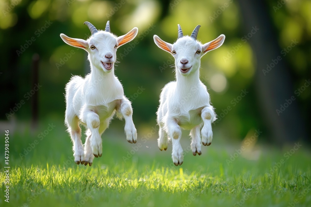 Adorable young goat kids playfully jumping and frolicking together within grassy farm enclosure during spring morning highlights their joyful energetic interaction. Rural farm life. Lively farm animal