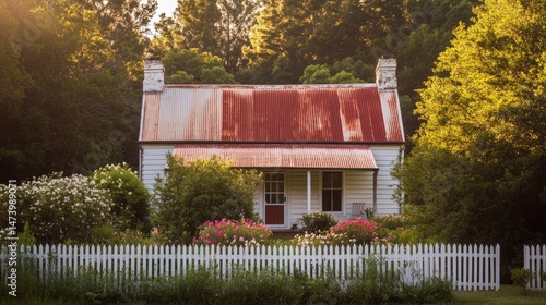 Countryside scene featuring vintage farmhouse with distinctive red tin roof surrounded by traditional white picket fence where blooming flower gardens thrive beneath tall trees during golden hour.