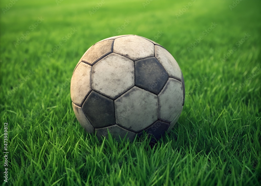 Fototapeta premium Worn Soccer Ball on Lush Green Grass A Still Life of a Well-Loved Game