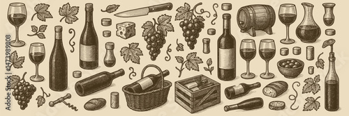 Engraved style seamless pattern with wine bottles, grapes, cheese and winemaking elements