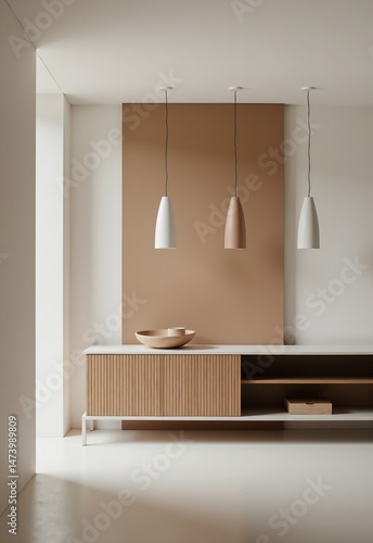 Minimalist Interior Design Light Oak Cabinet & Pendant Lights