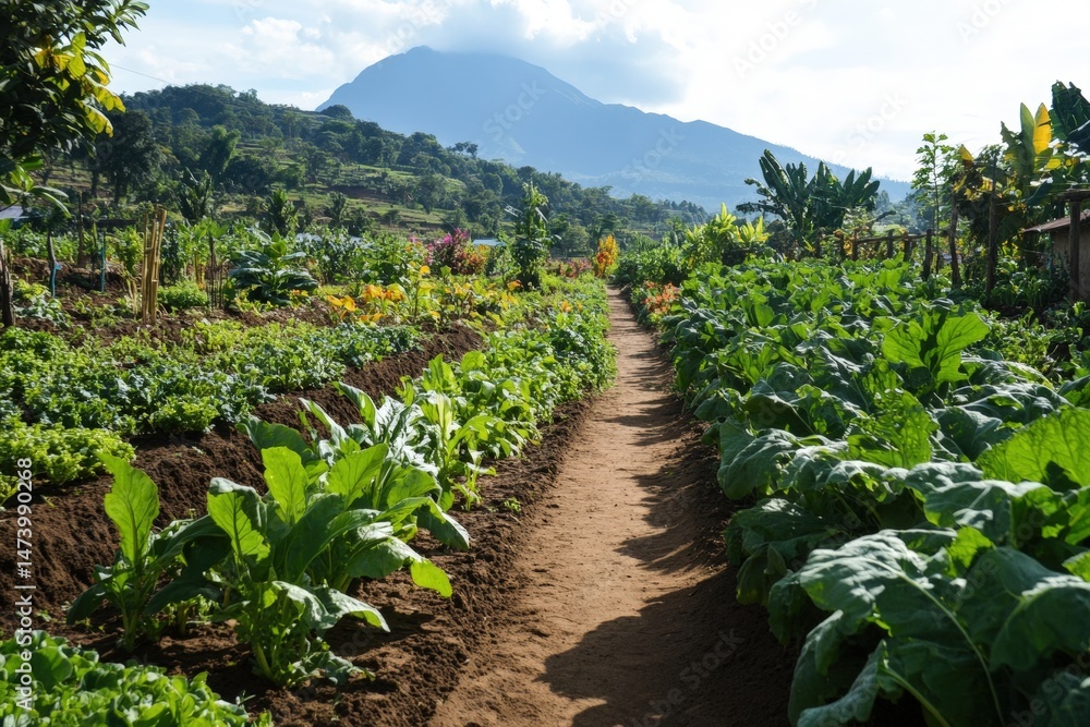 Sunlight breaks through leafy greens as narrow dirt path through vegetable gardens. A peaceful summer walk and the beauty of rural farm life. Sustainability, organic growth, and connection to land.
