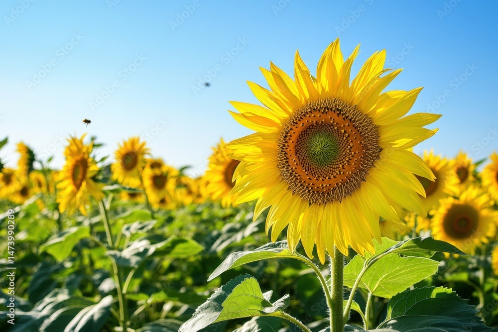 Golden sunflower heads turned toward the midday sun while bees buzz through warm air, with endless green fields and open skies reflecting the seasonal rhythm and joy of summer countryside life