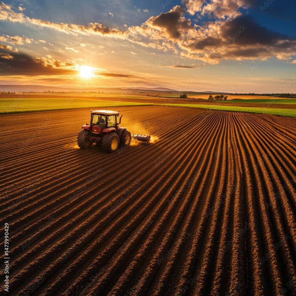 Agricultural tractor planting seeds in expansive countryside field. Geometric pattern of neat furrows across fertile soil during golden sunset when farmers maximize productivity in rural landscape.