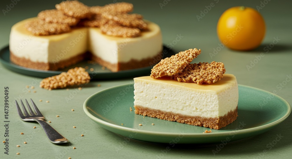 Delicious Cheesecake Slice with Sesame Crisp on Green Plate with Fork and Orange in Green Background Delicious Cheesecake Slice with Sesame Crisp on Green Plate with Fork and Orange in Green Background