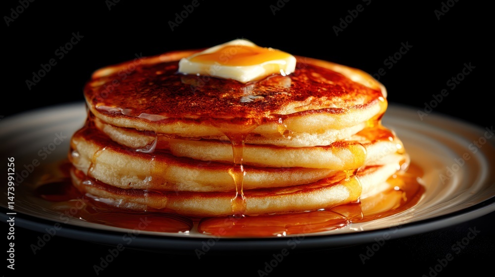 A Stack of Golden Brown Pancakes Drizzled with Sweet Maple Syrup and Melted Butter A Stack of Golden Brown Pancakes Drizzled with Sweet Maple Syrup and Melted Butter