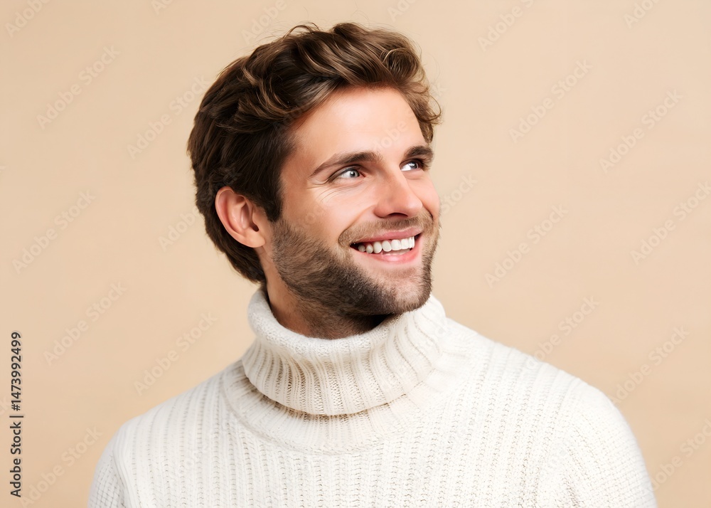 Obraz premium Smiling young caucasian man wear white knitted turtleneck sweater look side positive emotion with beige background lifestyle portrait mental health gadgets concept