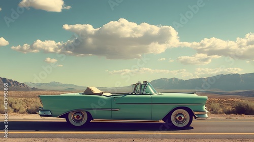 A convertible classic car cruising Route 66, no text or logos
