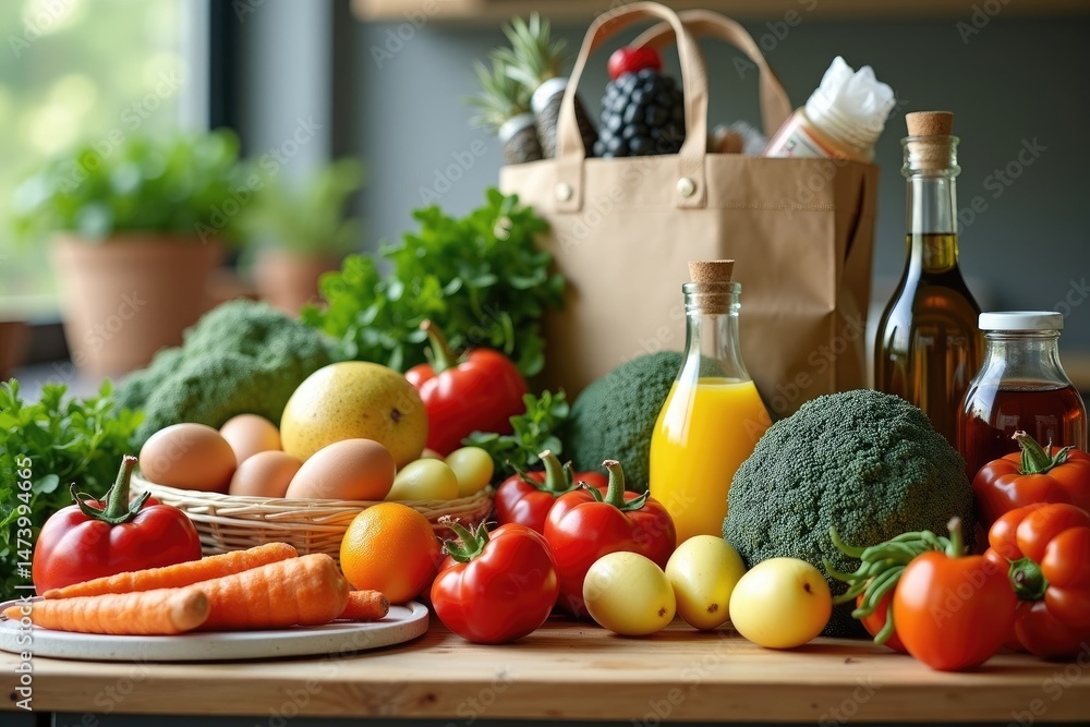 Fresh Groceries with Assorted Fruits, Vegetables, and Dairy
