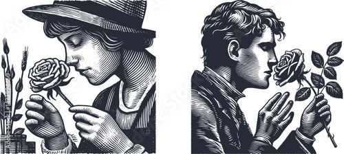 Woodcut Engraving Design: Florist Enjoying the Scent of a Fresh Rose - Elegant Floral Artwork