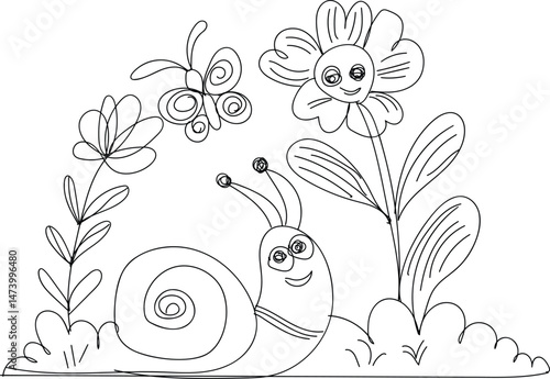 Cute Snail and Butterfly in a Garden One Line Drawing Illustration