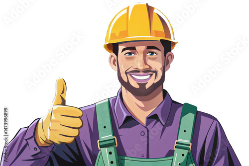 Smiling male construction worker in yellow hard hat and overalls giving thumbs up, symbolizing success, reliability, and building industry professionalism. Isolated on white