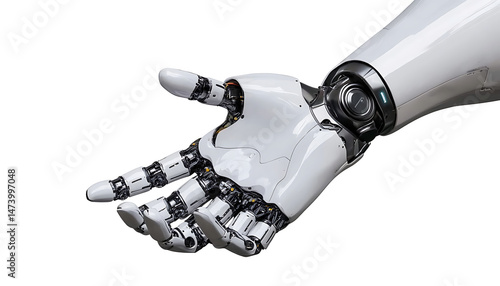 Robotic arm reaching out with open hand invitation on transparent background