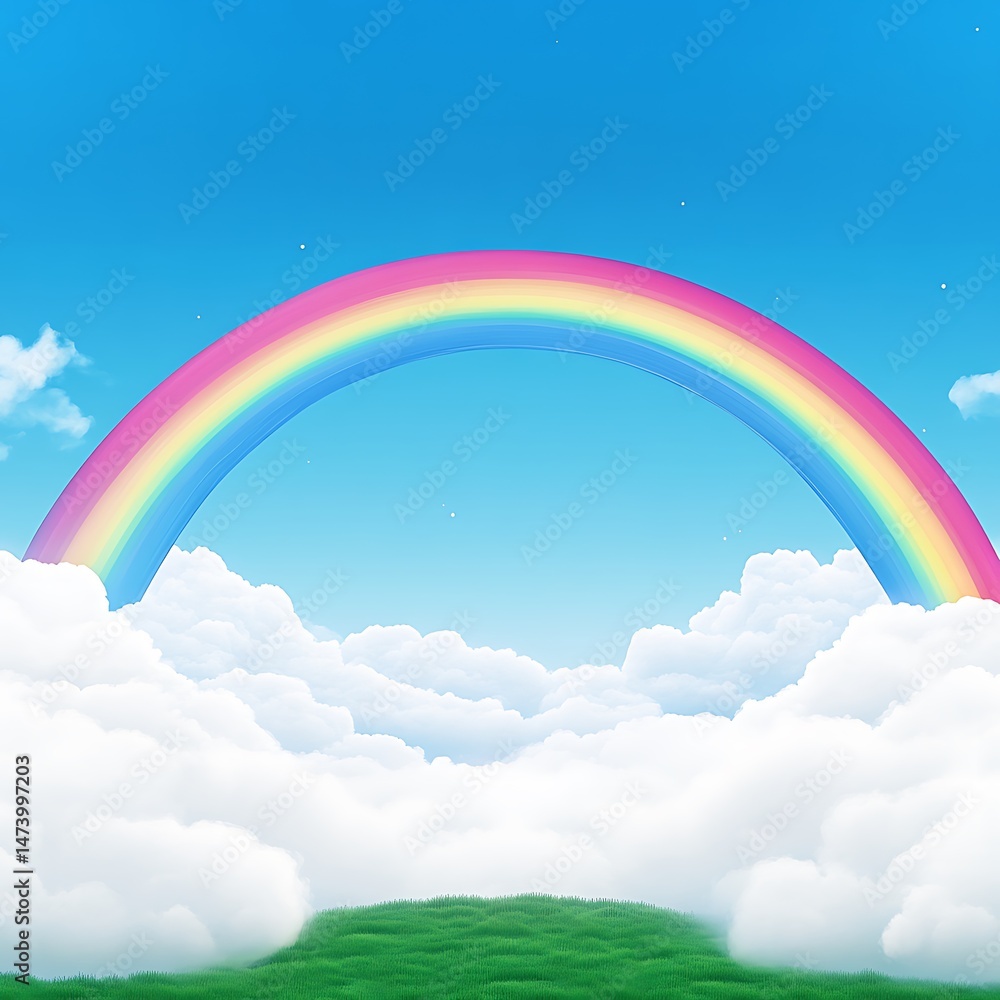 Vibrant Rainbow Arching Over Lush Green Hill and Fluffy White Clouds in a Sunny Sky A Dreamy Magical Scene Vibrant Rainbow Arching Over Lush Green Hill and Fluffy White Clouds in a Sunny Sky A Dreamy Magical Scene