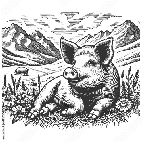 pig peacefully resting in alpine meadow, surrounded by wildflowers and mountains, rustic and pastoral charm sketch engraving generative ai vector illustration. Scratch board. Black and white image.