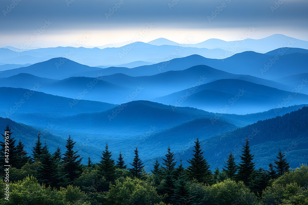 Fototapeta premium Serene Mountain Landscape with Blue Misty Ridges and Evergreen Forests