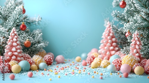 colorful christmas decorations on a blue backgroun
