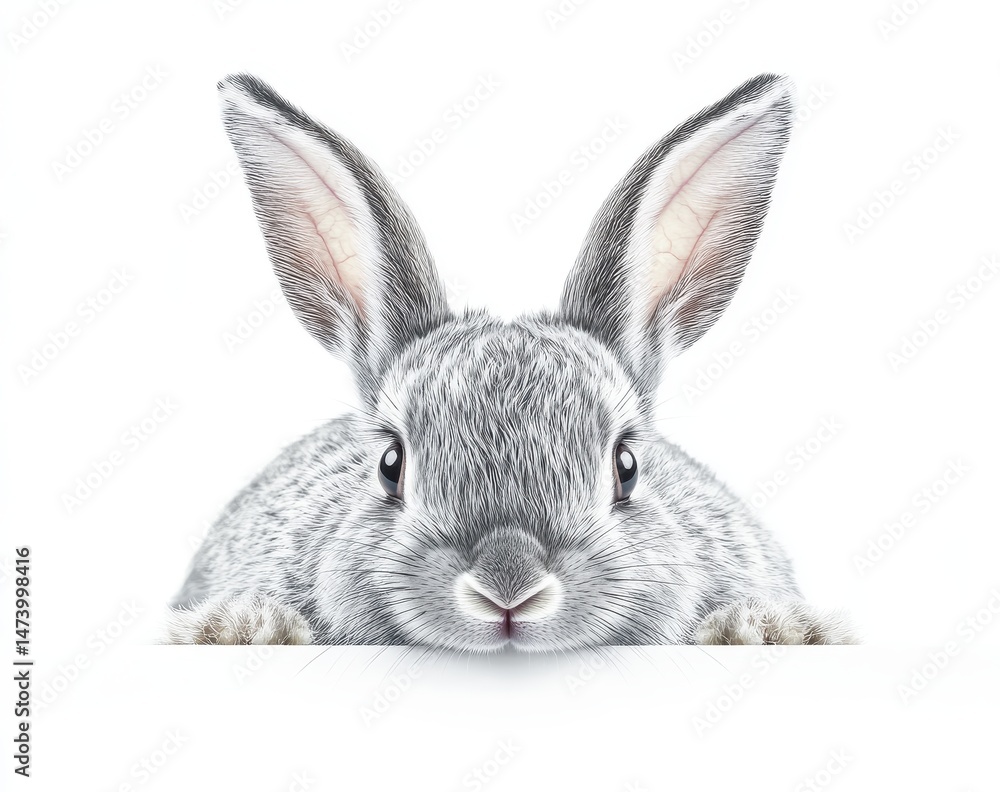 Fototapeta premium Grey rabbit peeking over a white surface. Close-up, focused on the rabbit's face and ears, showing soft fur, large eyes, and a curious expression
