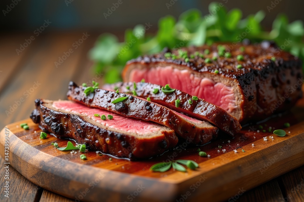 Rustic Wooden Cutting Board with Medium-Rare Grilled Steak